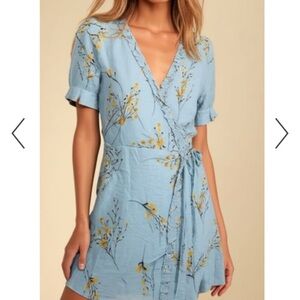 Peach Love California Light Blue Floral Wrap Mini Dress